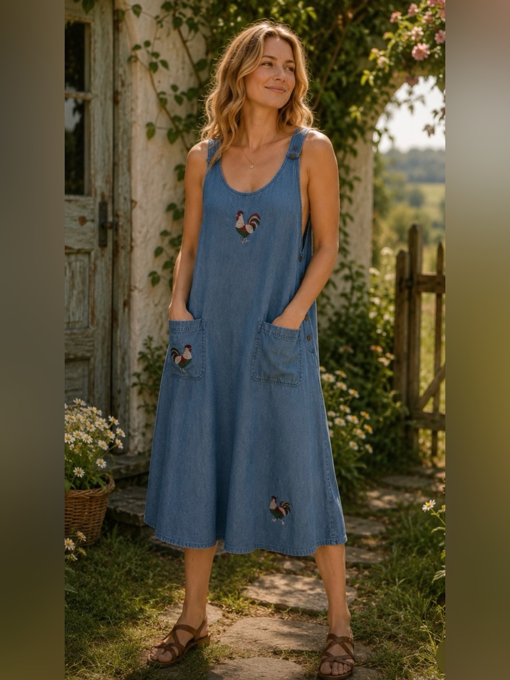 Vintage Mandal Bay Embroidered Rooster Denim Jumper Maxi Dress Size L NWT